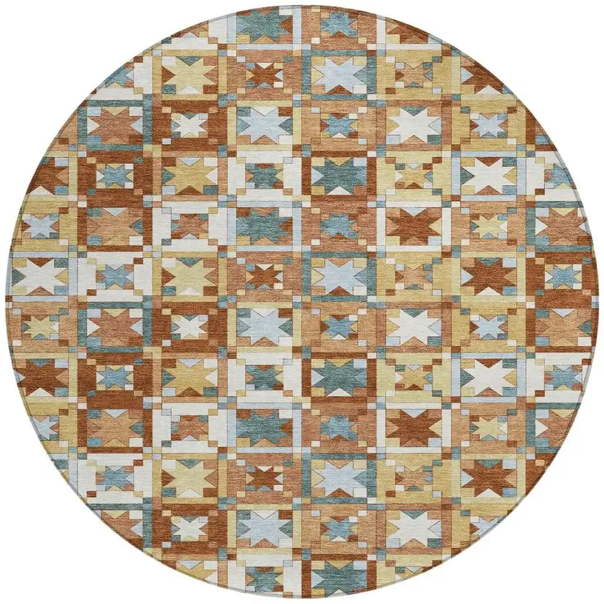 8' Orange And Copper Round Patchwork Washable Indoor Outdoor Area Rug Photo 4