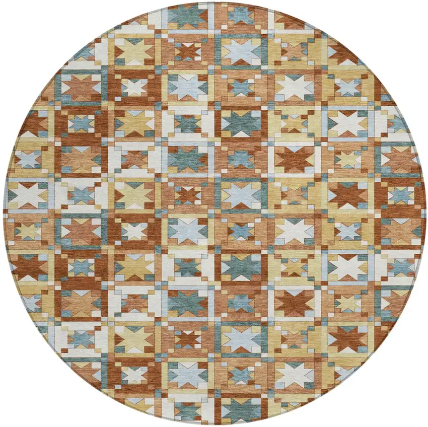 8' Orange And Copper Round Patchwork Washable Indoor Outdoor Area Rug Photo 2