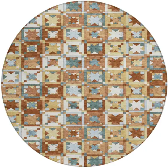 8' Orange And Copper Round Patchwork Washable Indoor Outdoor Area Rug Photo 2