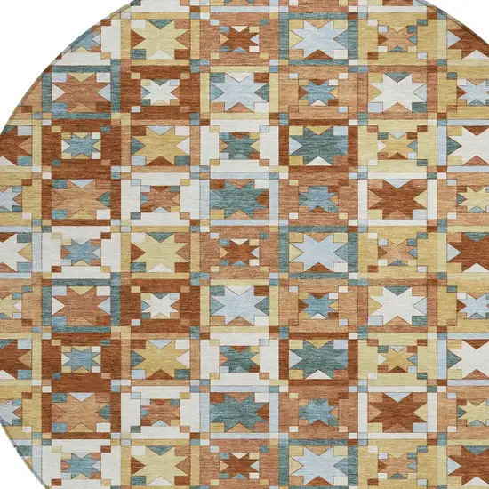 8' Orange And Copper Round Patchwork Washable Indoor Outdoor Area Rug Photo 3
