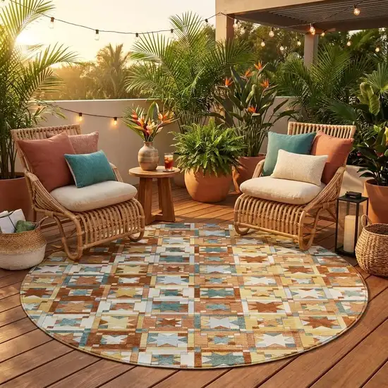 8' Orange And Copper Round Patchwork Washable Indoor Outdoor Area Rug Photo 1