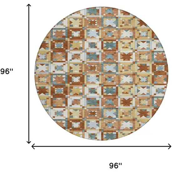 8' Orange And Copper Round Patchwork Washable Indoor Outdoor Area Rug Photo 7