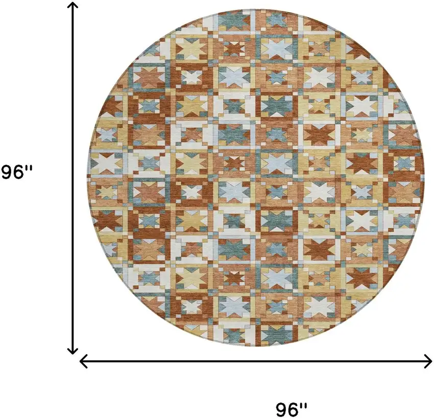 8' Orange And Copper Round Patchwork Washable Indoor Outdoor Area Rug Photo 7