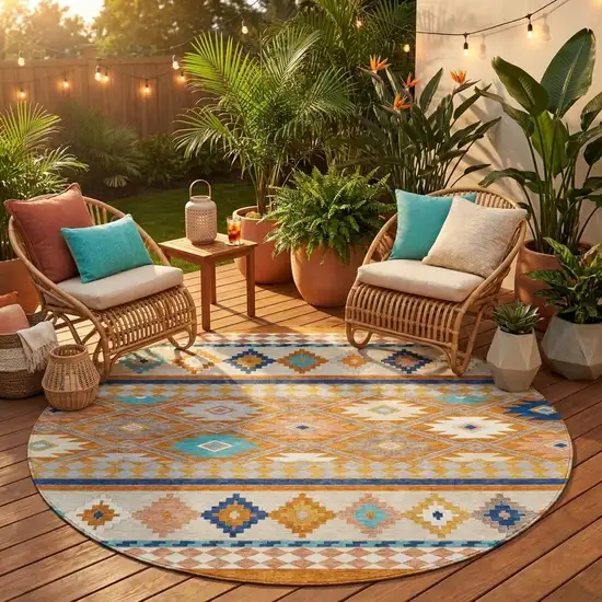 8' Orange And Copper Round Southwestern Washable Indoor Outdoor Area Rug Photo 1