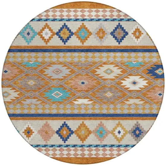 8' Orange And Copper Round Southwestern Washable Indoor Outdoor Area Rug Photo 4