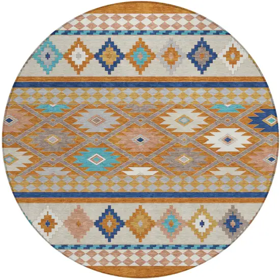 8' Orange And Copper Round Southwestern Washable Indoor Outdoor Area Rug Photo 2
