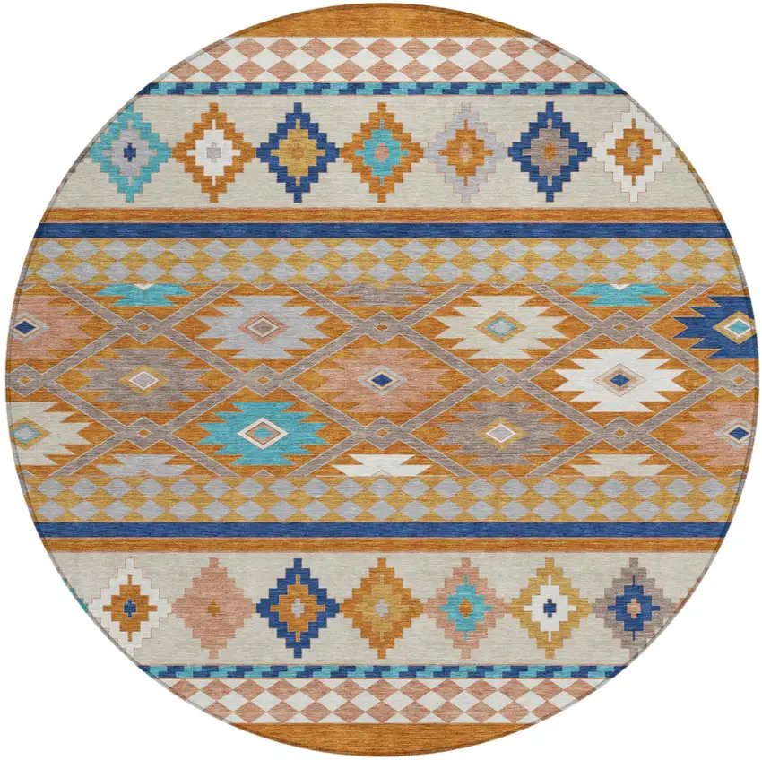 8' Orange And Copper Round Southwestern Washable Indoor Outdoor Area Rug Photo 2