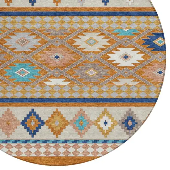 8' Orange And Copper Round Southwestern Washable Indoor Outdoor Area Rug Photo 3