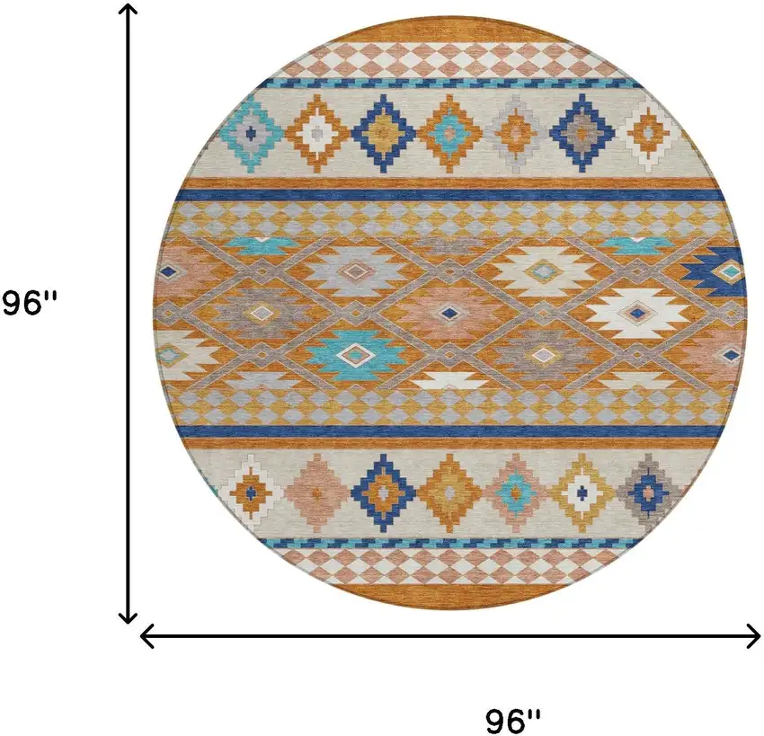 8' Orange And Copper Round Southwestern Washable Indoor Outdoor Area Rug Photo 7