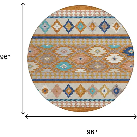 8' Orange And Copper Round Southwestern Washable Indoor Outdoor Area Rug Photo 7