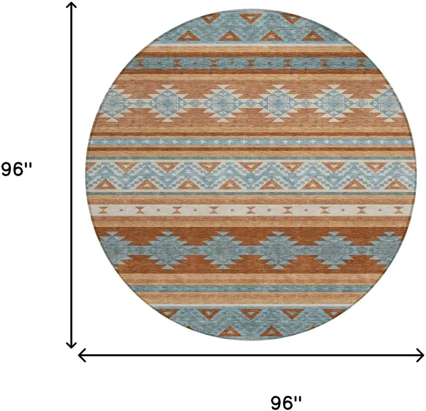 8' Orange And Copper Round Southwestern Washable Indoor Outdoor Area Rug Photo 7
