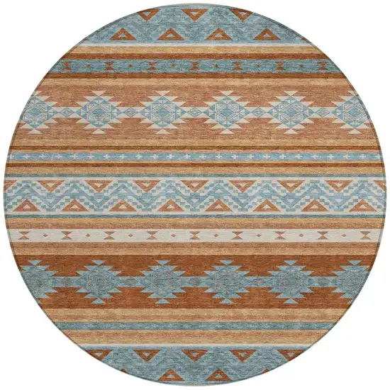 8' Orange And Copper Round Southwestern Washable Indoor Outdoor Area Rug Photo 4