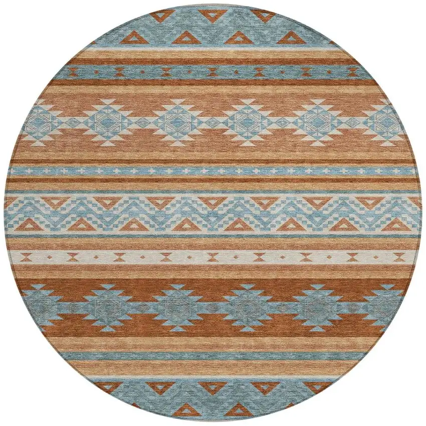 8' Orange And Copper Round Southwestern Washable Indoor Outdoor Area Rug Photo 4