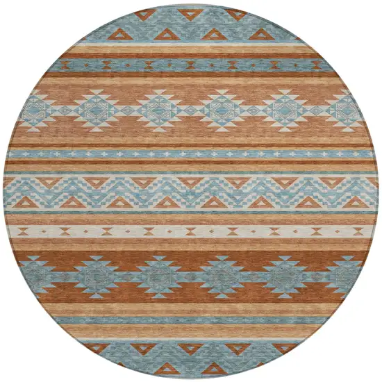 8' Orange And Copper Round Southwestern Washable Indoor Outdoor Area Rug Photo 2