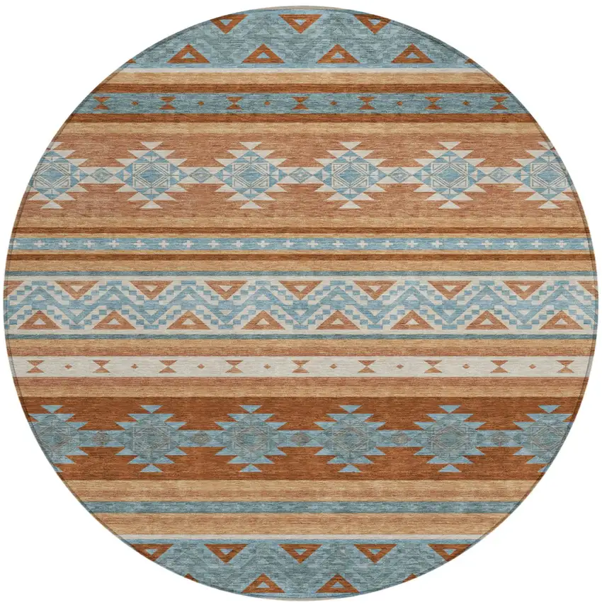 8' Orange And Copper Round Southwestern Washable Indoor Outdoor Area Rug Photo 2