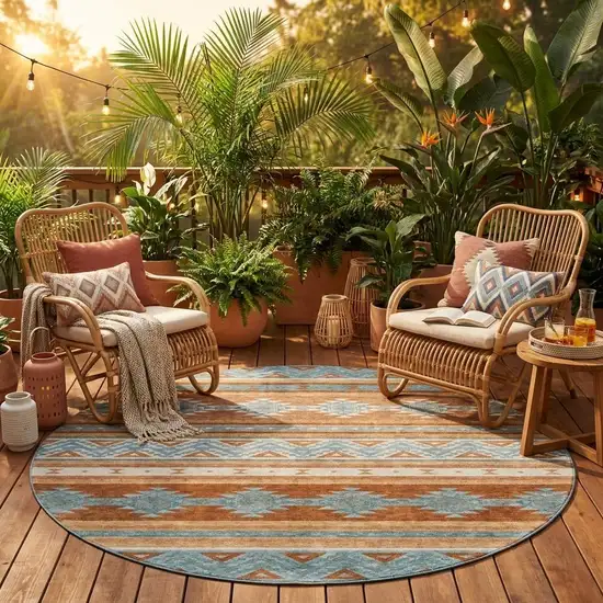 8' Orange And Copper Round Southwestern Washable Indoor Outdoor Area Rug Photo 1