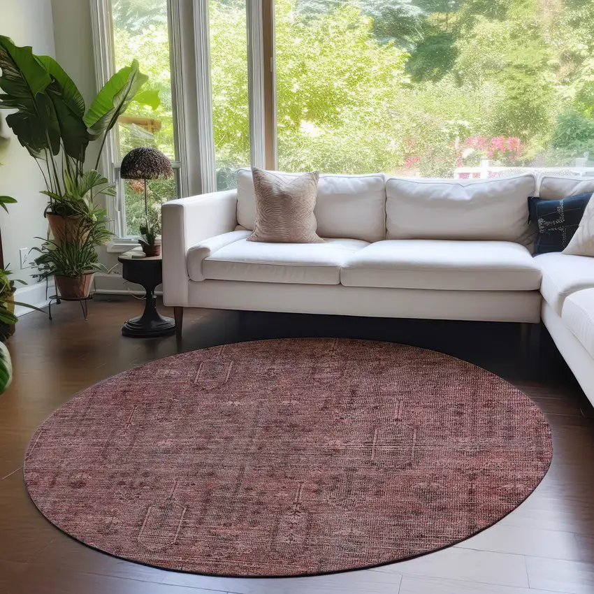 8' Orange And Copper Round Southwestern Washable Indoor Outdoor Area Rug Photo 7