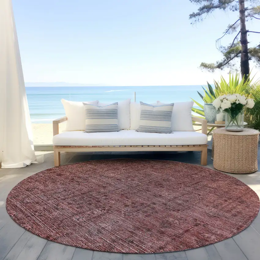 8' Orange And Copper Round Southwestern Washable Indoor Outdoor Area Rug Photo 6