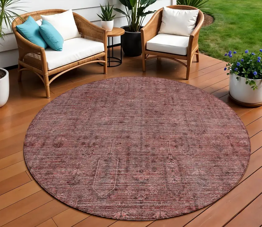 8' Orange And Copper Round Southwestern Washable Indoor Outdoor Area Rug Photo 1
