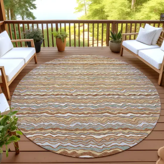 8' Orange And Copper Round Striped Washable Indoor Outdoor Area Rug Photo 4