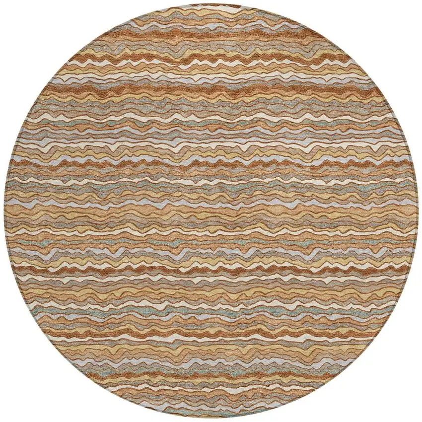 8' Orange And Copper Round Striped Washable Indoor Outdoor Area Rug Photo 3