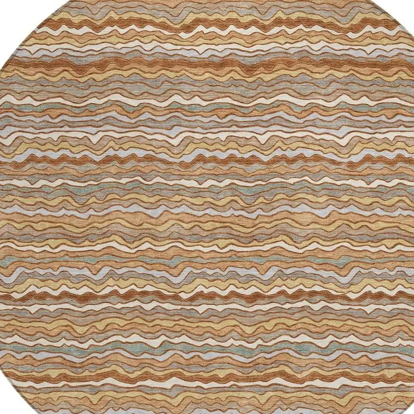 8' Orange And Copper Round Striped Washable Indoor Outdoor Area Rug Photo 2