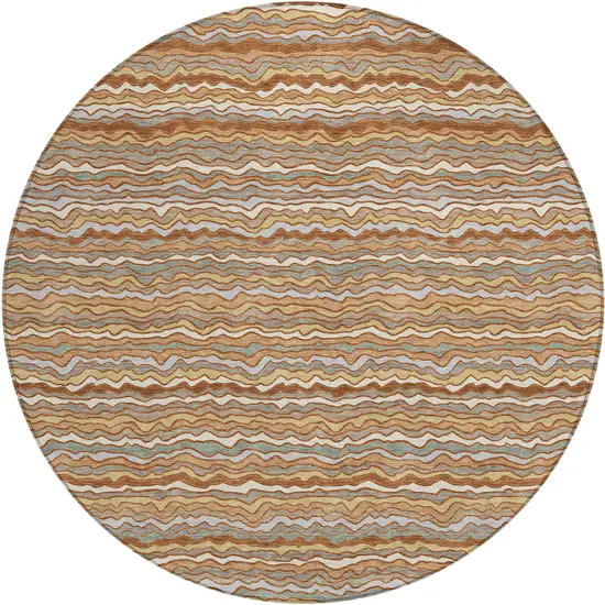 8' Orange And Copper Round Striped Washable Indoor Outdoor Area Rug Photo 1