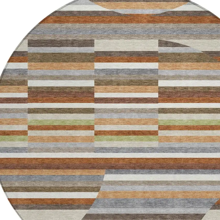 8' Orange And Copper Round Striped Washable Indoor Outdoor Area Rug Photo 2