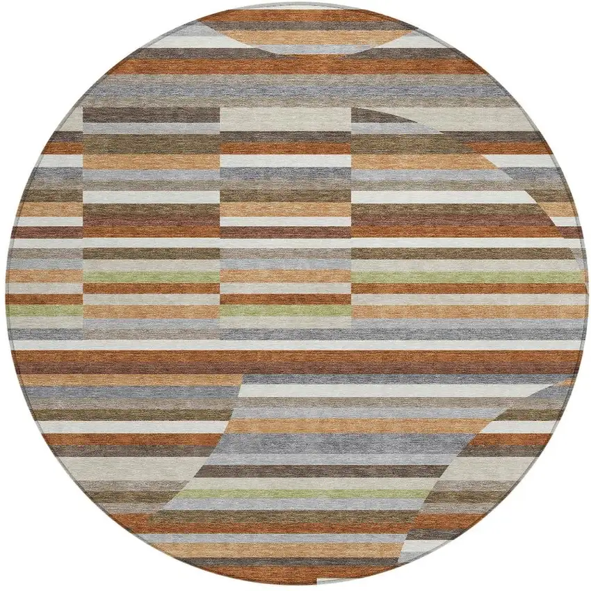 8' Orange And Copper Round Striped Washable Indoor Outdoor Area Rug Photo 3