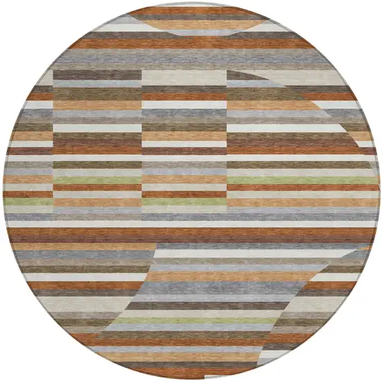 8' Orange And Copper Round Striped Washable Indoor Outdoor Area Rug Photo 1