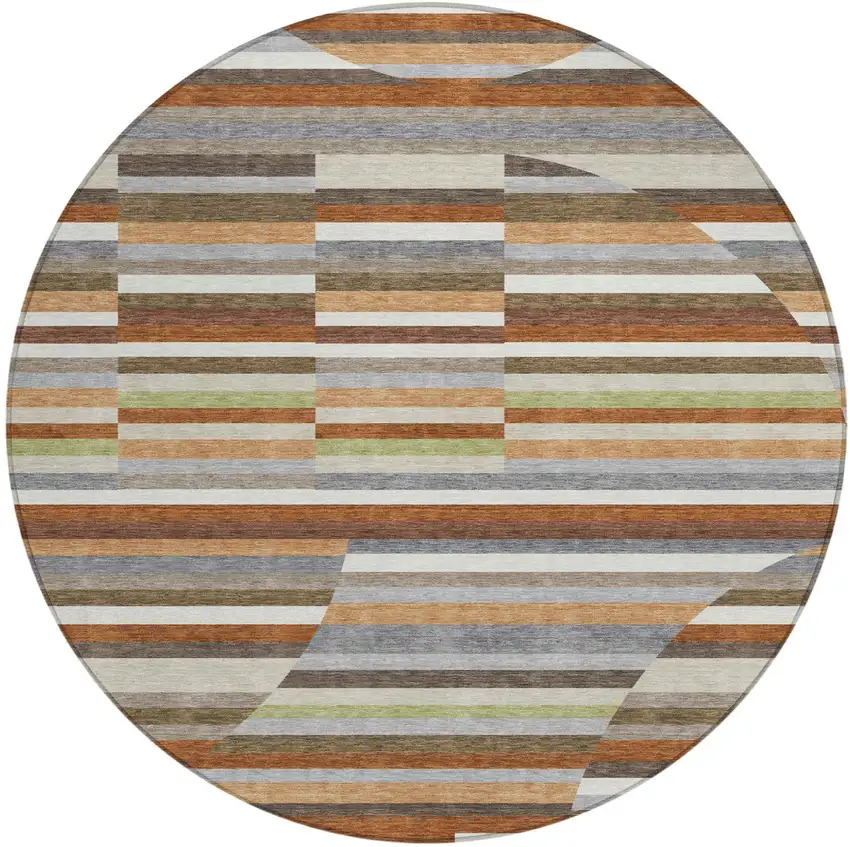 8' Orange And Copper Round Striped Washable Indoor Outdoor Area Rug Photo 1