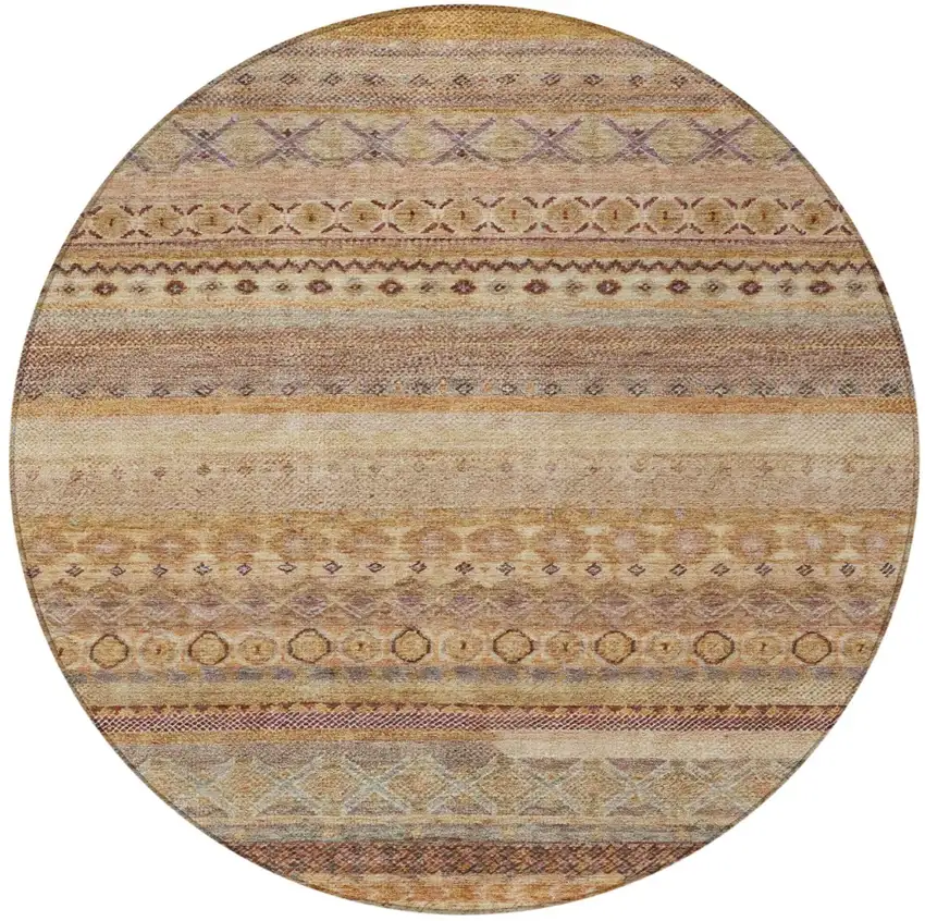 8' Orange And Copper Round Striped Washable Indoor Outdoor Area Rug Photo 4