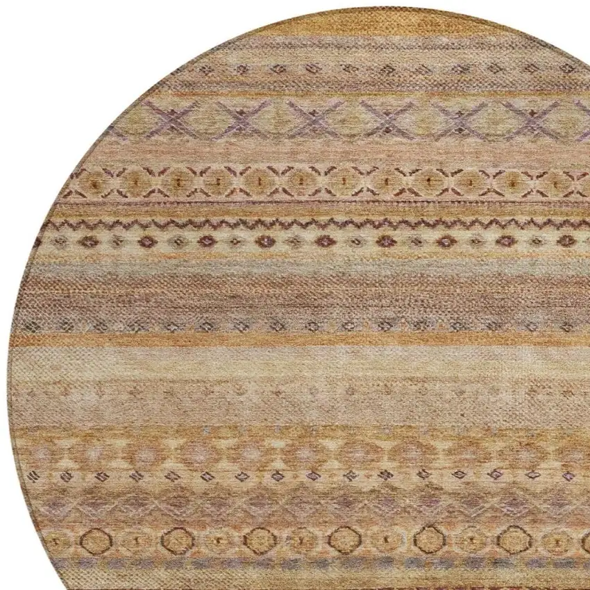 8' Orange And Copper Round Striped Washable Indoor Outdoor Area Rug Photo 3