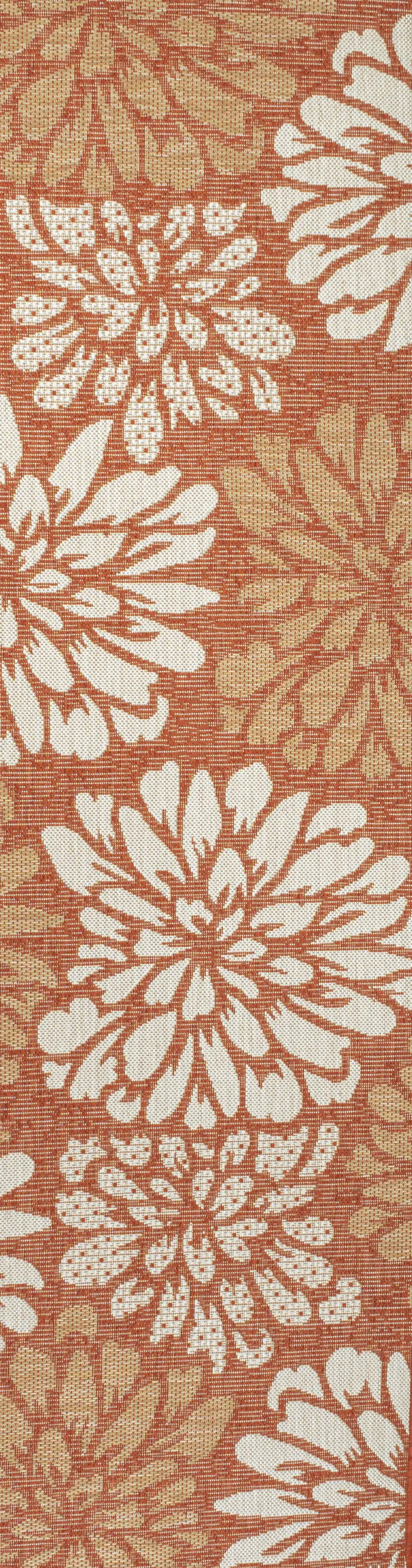 10' Orange And Cream Floral Indoor Outdoor Runner Rug Photo 1
