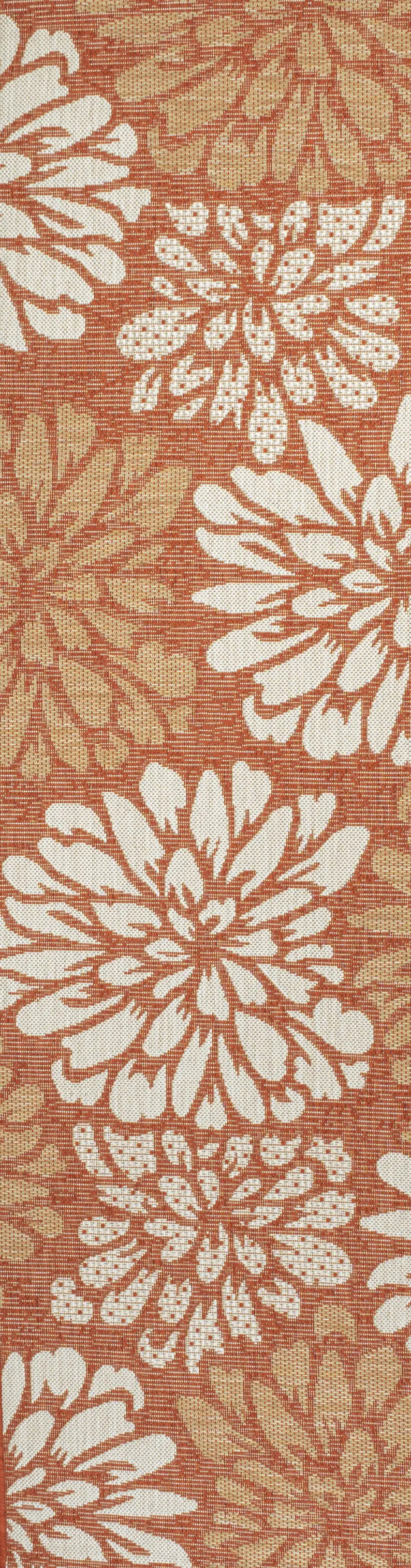 10' Orange And Cream Floral Indoor Outdoor Runner Rug Photo 2