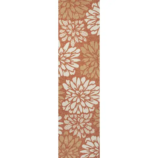 8' Orange And Cream Floral Indoor Outdoor Runner Rug Photo 1