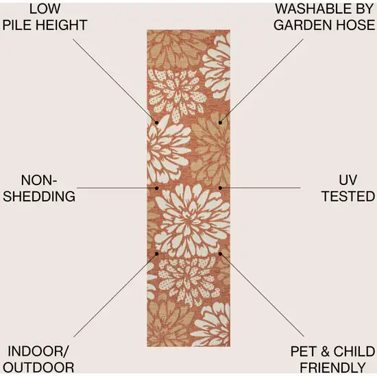 8' Orange And Cream Floral Indoor Outdoor Runner Rug Photo 8