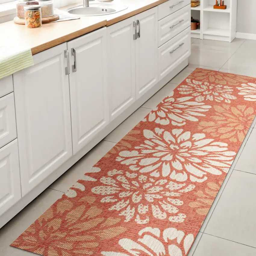 8' Orange And Cream Floral Indoor Outdoor Runner Rug Photo 6
