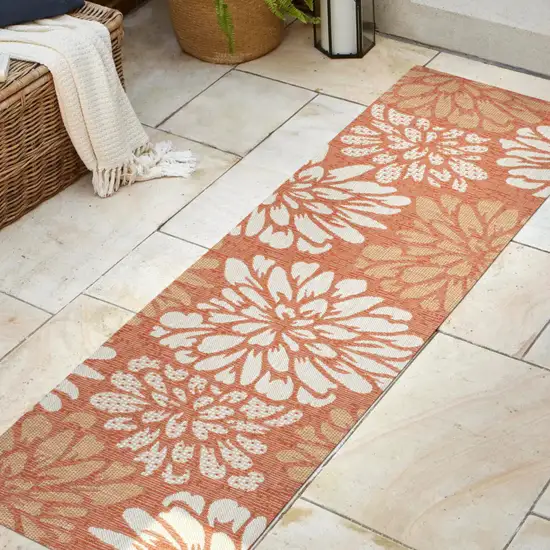 8' Orange And Cream Floral Indoor Outdoor Runner Rug Photo 5