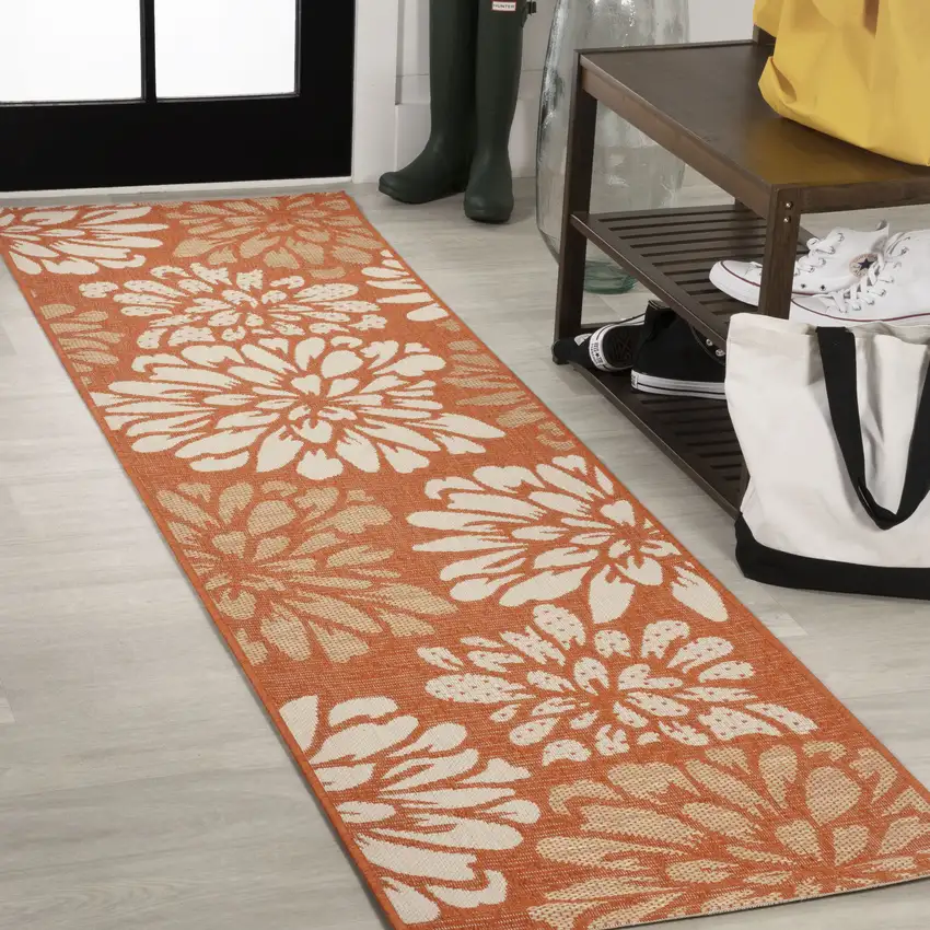 8' Orange And Cream Floral Indoor Outdoor Runner Rug Photo 4