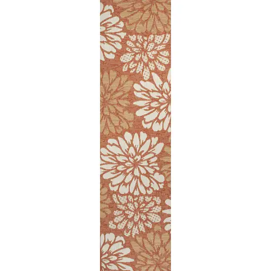 8' Orange And Cream Floral Indoor Outdoor Runner Rug Photo 3
