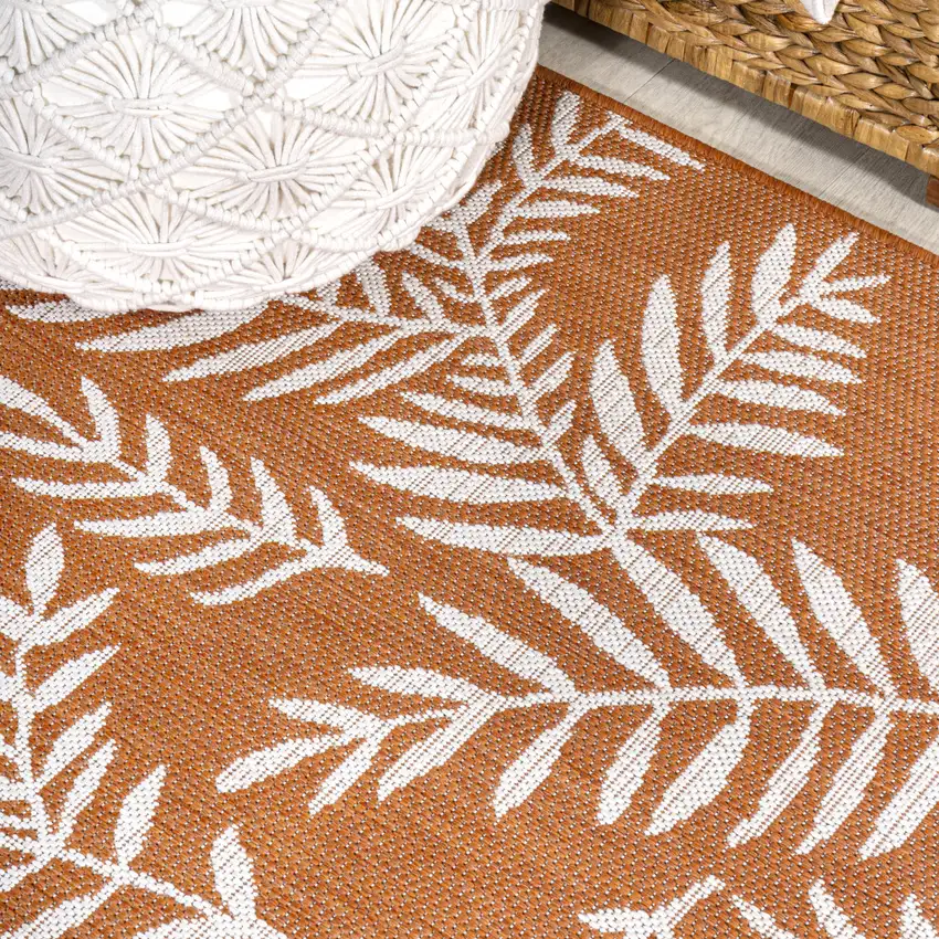 8' Orange And Cream Floral Indoor Outdoor Runner Rug Photo 6