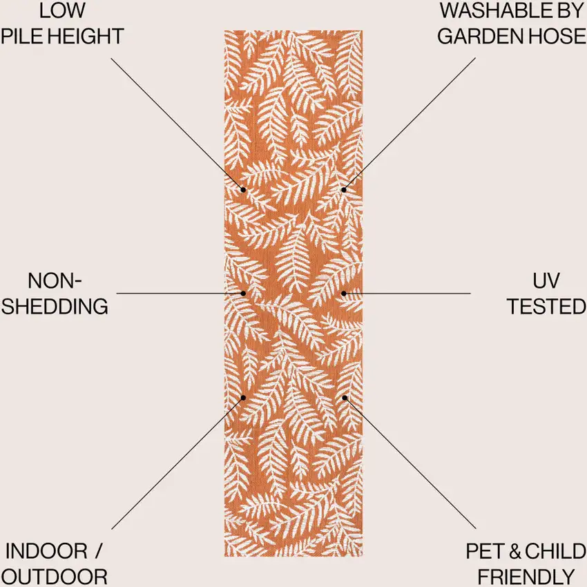 8' Orange And Cream Floral Indoor Outdoor Runner Rug Photo 8