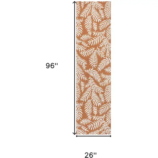 8' Orange And Cream Floral Indoor Outdoor Runner Rug Photo 7
