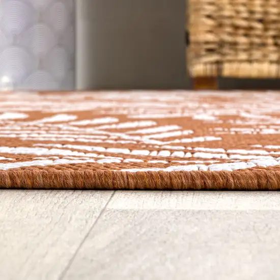 8' Orange And Cream Floral Indoor Outdoor Runner Rug Photo 9