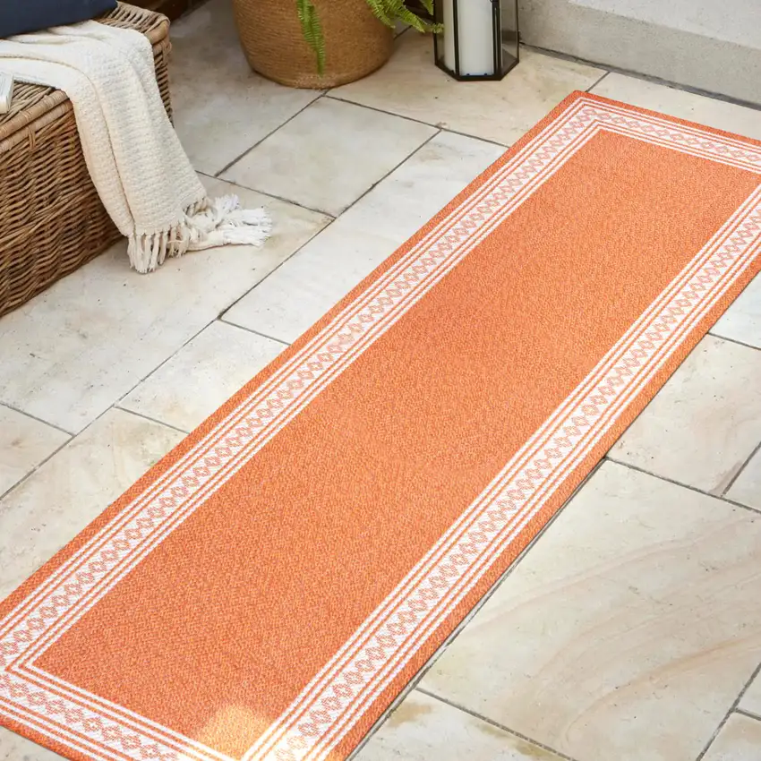 8' Orange And Cream Indoor Outdoor Runner Rug Photo 5