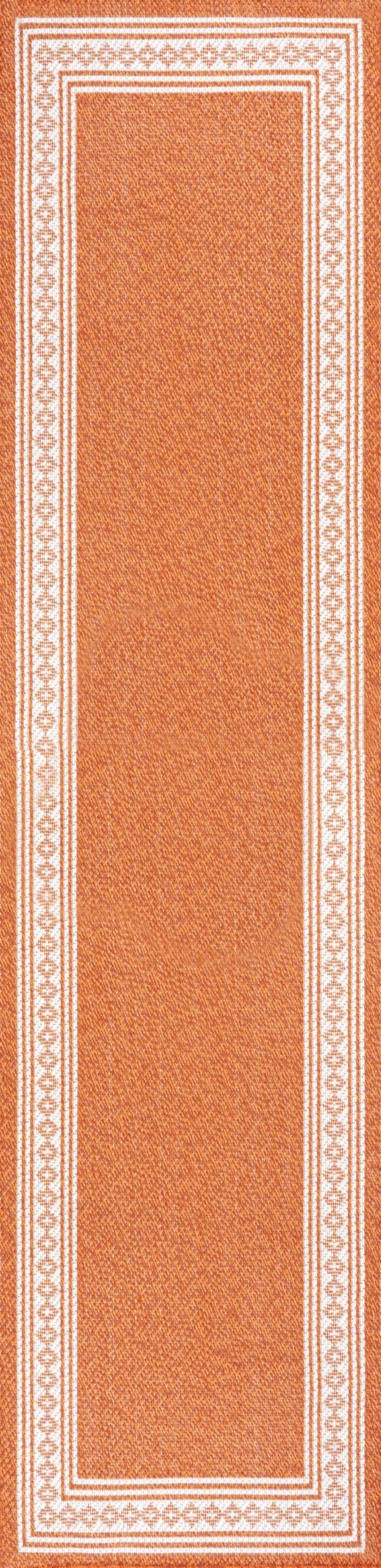 8' Orange And Cream Indoor Outdoor Runner Rug Photo 1