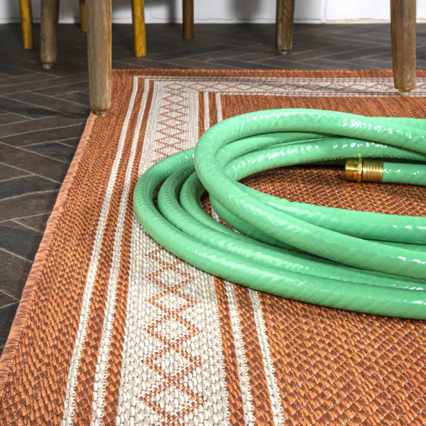 8' Orange And Cream Indoor Outdoor Runner Rug Photo 7