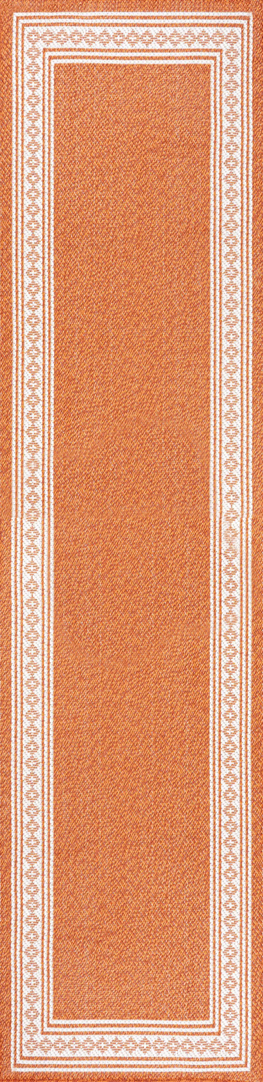 8' Orange And Cream Indoor Outdoor Runner Rug Photo 3