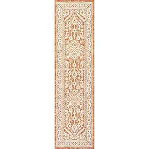 Photo of 10' Orange And Cream Medallion Indoor Outdoor Runner Rug